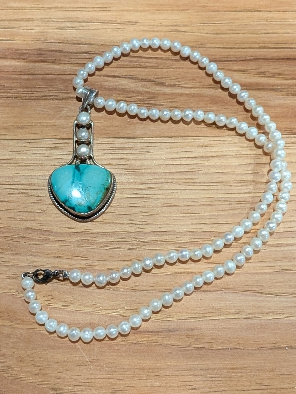 Natural Turquoise And Pearl Pendant Mounted In 925 Silver With Natural Pearl Nec